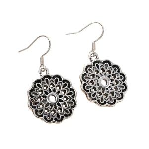 Vintage Style Antique Silver Flower Drop Earrings